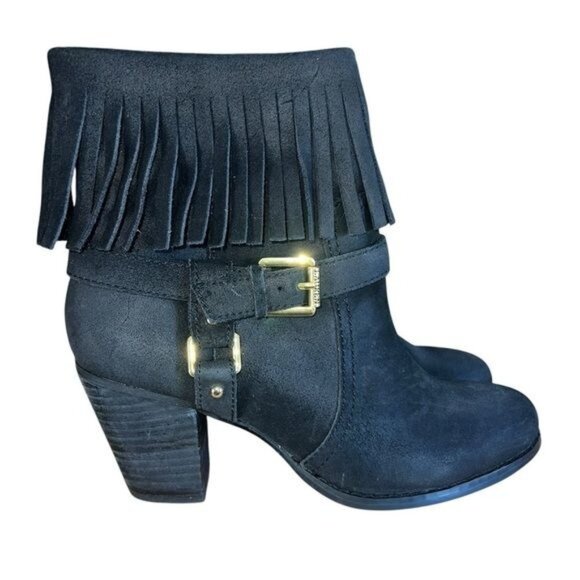 Lauren Ralph Lauren Boots Womens 7.5B Black Suede Fringe & Buckle Zip Western - Picture 1 of 11